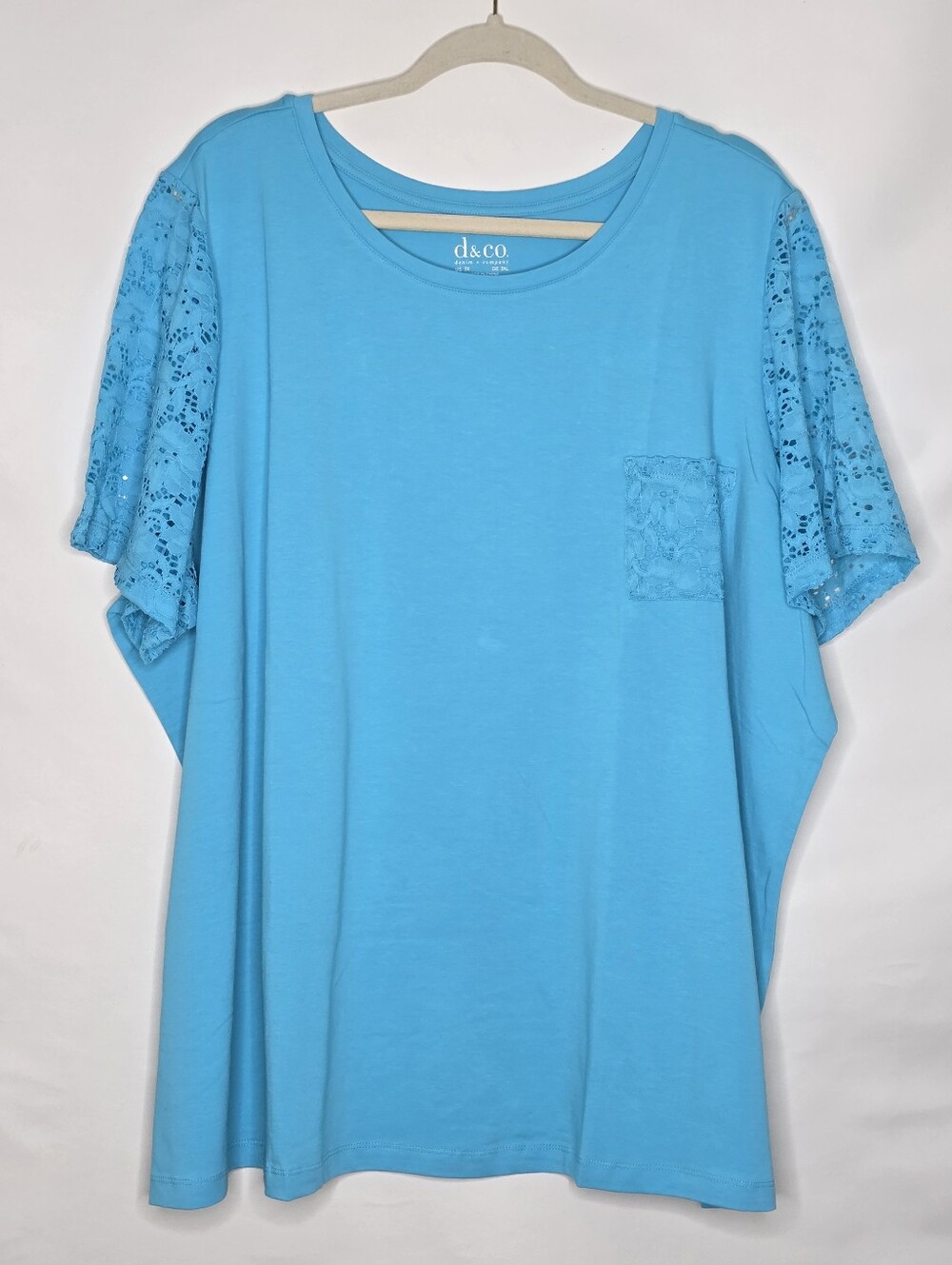 NEW‎ D&Co Plus Size Floral Lace Sleeve Top 3X Cotton Blend Pullover with Pocket